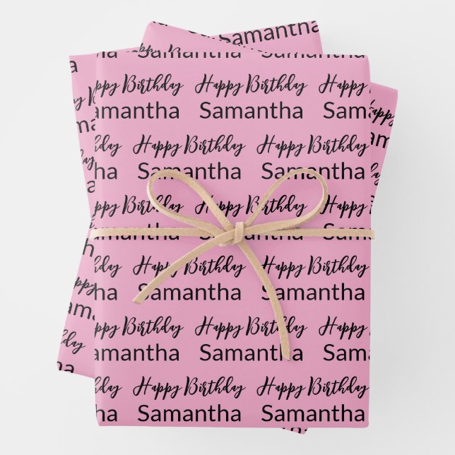 Happy Birthday Script Pale Pink and Black Name Wrapping Paper Sheet (In situ)