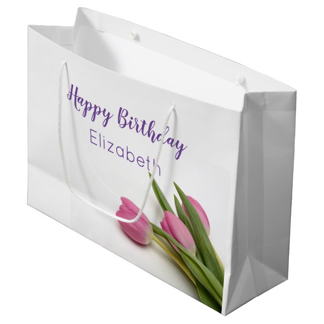 Happy Birthday Script Pink Tulips Name Template Large Gift Bag (Front Angled)