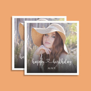 Happy Birthday Script with Heart Calligraphy Photo Napkin