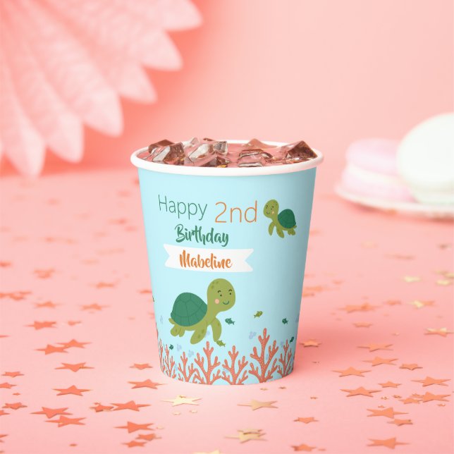 Happy Birthday Sea Green Turtle & Coral Reef  Paper Cups (Insitu)