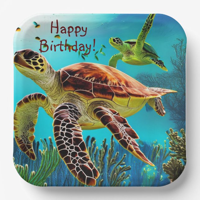 Happy Birthday Sea Turtle Paper Plate (Front)