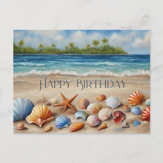 Happy Birthday Seashells on Sandy Tropical Beach Postcard (Front)