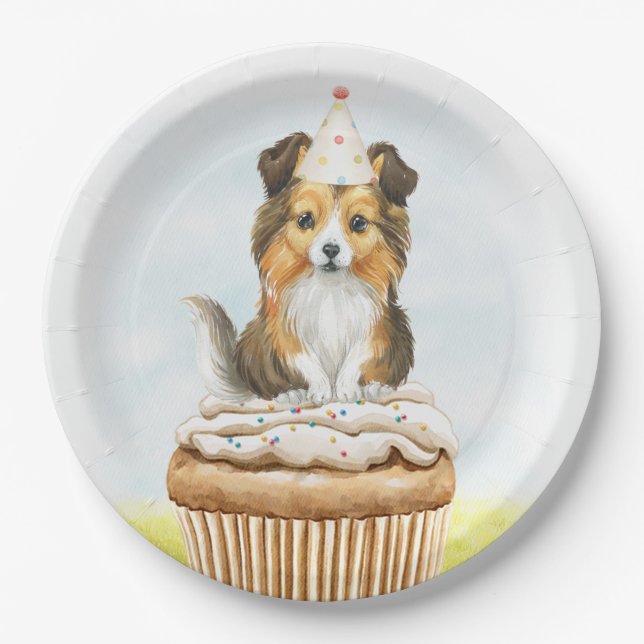 Happy Birthday Sheltie Pup Cake Paper Plate (Front)