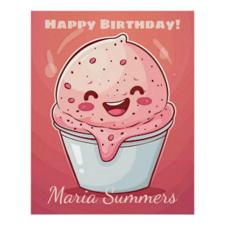 Happy Birthday Sherbet Ice-cream Kawaii Cartoon  Poster