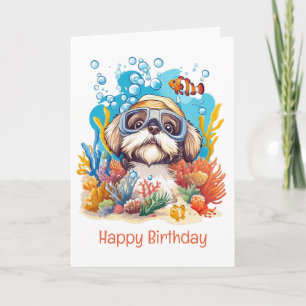 Happy Birthday Shih Tzu Dog Snorkelling Coral Reef Card