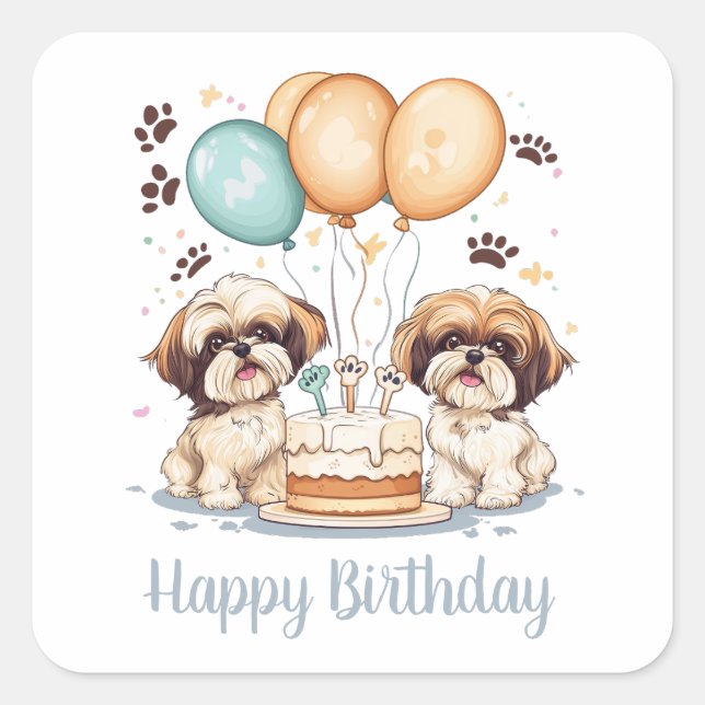 Happy Birthday Shih Tzu Dogs Birthday Cake Square Sticker (Front)