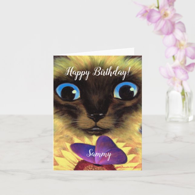 Happy Birthday Siamese Cat Custom Name Painting Card (Orchid)
