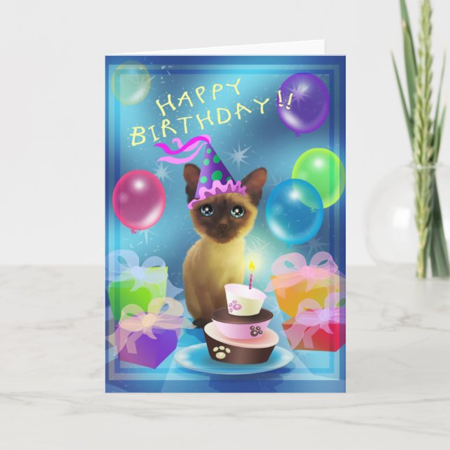 Happy Birthday Siamese Kitten Card (Front)