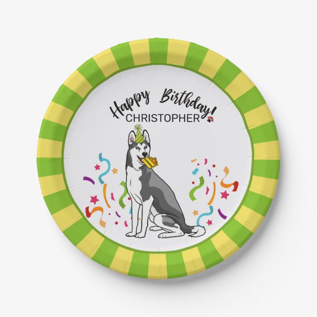 Happy Birthday Siberian Husky Dog Party Paper Plate (Front)