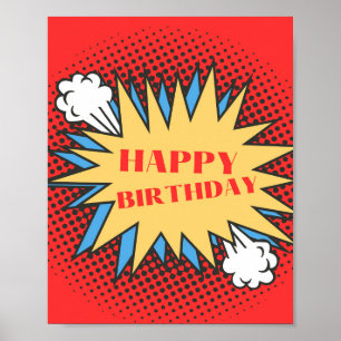 Happy Birthday Sign, Superhero Party Poster, Red Poster