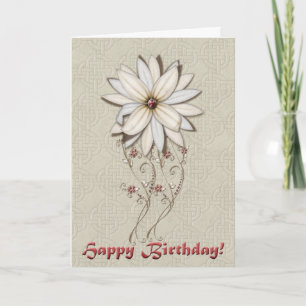 Happy Birthday Silver And White Flower Card