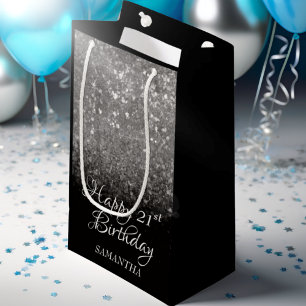 Happy Birthday silver & Black Glitter Any Age  Small Gift Bag