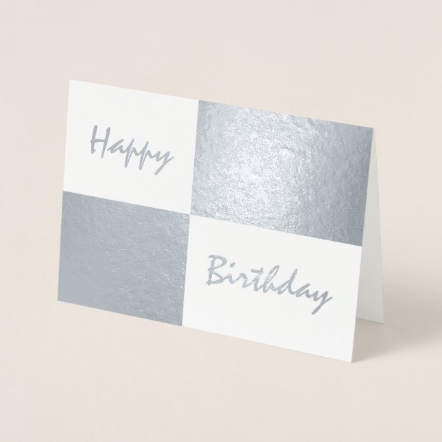 Happy Birthday Silver Foil and White Rectangles Card (Front)