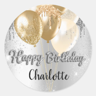 Happy Birthday silver gold glitter drips balloons Classic Round Sticker