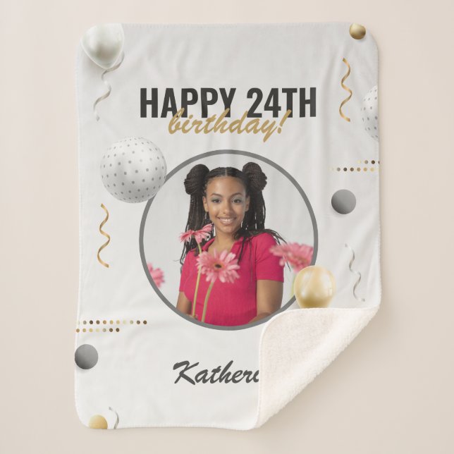 Happy Birthday Simple Custom Photo Gift Sherpa Blanket (Front)