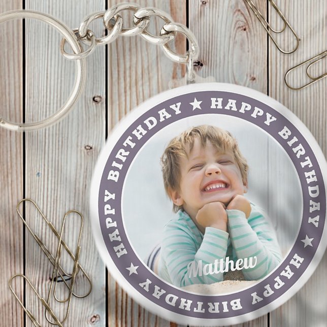 Happy Birthday Simple Modern Custom Photo Key Ring (Creator Uploaded)