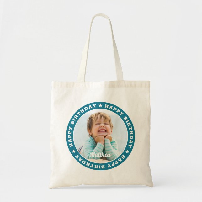 Happy Birthday Simple Modern Custom Photo Tote Bag (Front)