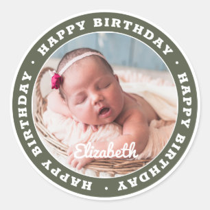 Happy Birthday Simple Modern Photo Classic Round Sticker