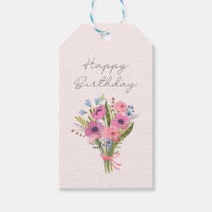 Happy Birthday simple, pink, floral, script  Gift Tags
