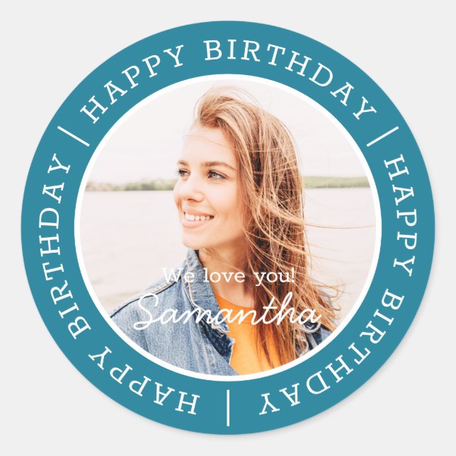 Happy Birthday Simple Preppy Modern Custom Photo Classic Round Sticker (Front)