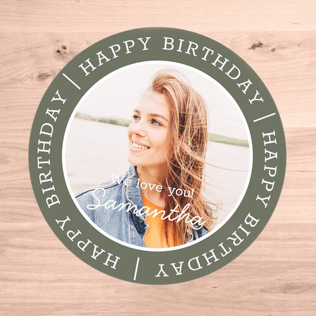 Happy Birthday Simple Preppy Modern Custom Photo Classic Round Sticker (Creator Uploaded)