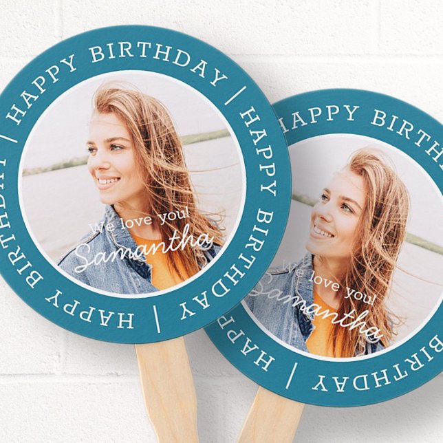 Happy Birthday Simple Preppy Modern Custom Photo H Hand Fan (Creator Uploaded)