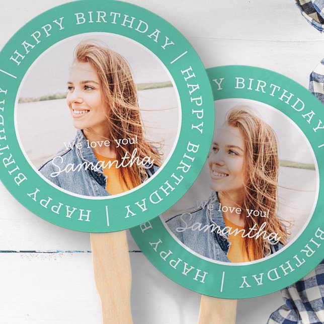Happy Birthday Simple Preppy Modern Custom Photo Hand Fan (Creator Uploaded)