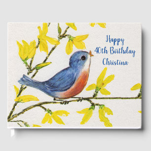 Happy Birthday Singing Blue Red Bird Yellow Flower Guest Book