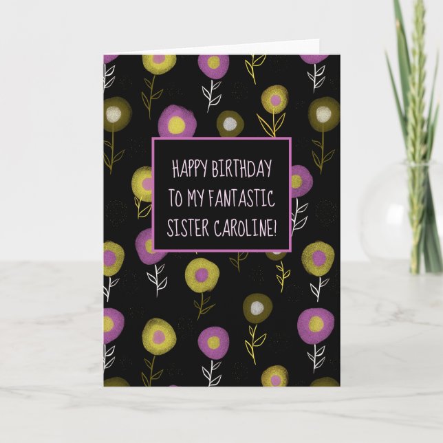 Happy Birthday Sister Dark Floral Girly Name Thank You Card (Front)