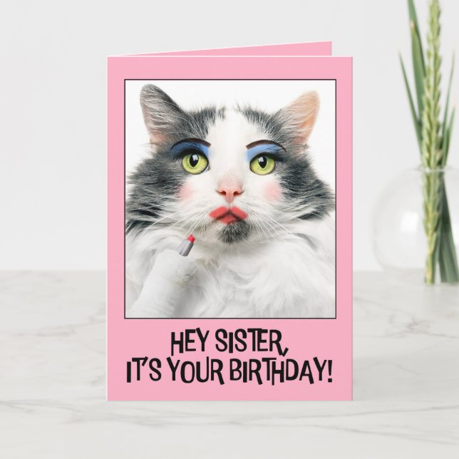 Happy Birthday Sister Funny Cat in Make Up Holiday Card (Front)