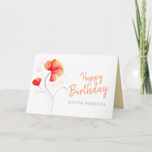 Happy Birthday sister watercolor orange wildflower Card (Front)