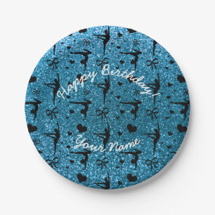 Happy Birthday sky blue glitter gymnastics Paper Plate