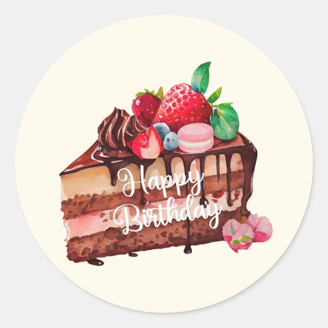 Happy Birthday Slice of Strawberry Chocolate Cake  Classic Round Sticker (Front)
