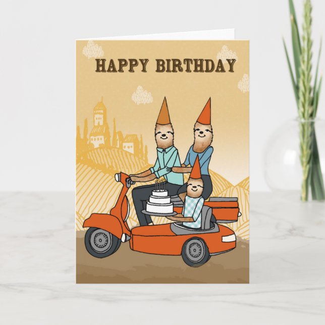Happy Birthday - Sloths Riding a Greeting Ca Card (Front)