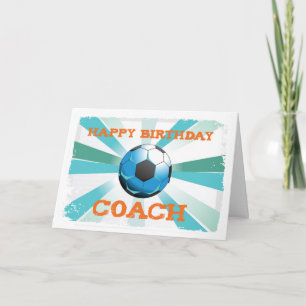 Happy Birthday Soccer Coach Orange on Teal, Blue S Card