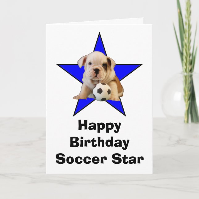 Happy Birthday Soccer Star Bulldog Puppy Card (Front)
