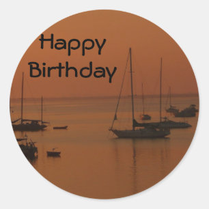 Happy Birthday, soft sunrise with sailboats Classic Round Sticker