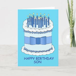 Happy Birthday Son, blue candles on cake. Card