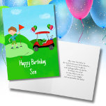 Happy Birthday Son Boy Golfer On Golf Course Card<br><div class="desc">This golf-themed birthday card for boys is a hole-in-one! Perfect for a young golf fan,  it features a bright red golf cart with colourful balloons,  a fun golf ball birthday cake,  and a young boy golfer ready to putt on the green.</div>