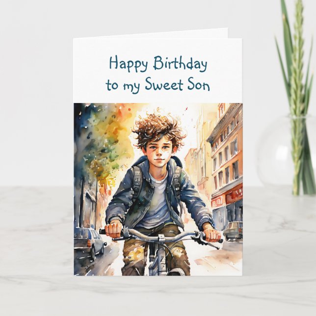 Happy Birthday Son | Boy on Bike in City Card (Front)