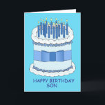 Happy Birthday Son Cartoon Cake and Candles Card<br><div class="desc">A large cartoon birthday cake with lit candles on and the words 'Happy Birthday Son' set against a bright blue background.</div>