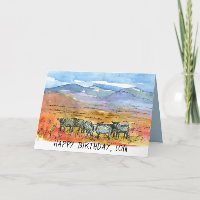 Happy Birthday Son Desert Mountain Cows Card (Front)
