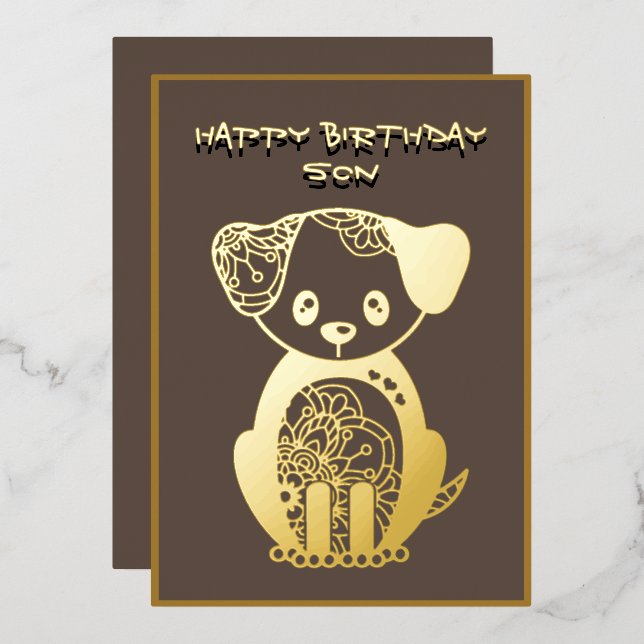 Happy Birthday Son Gold Foil Puppy Dog  Foil Holiday Card (Front/Back)