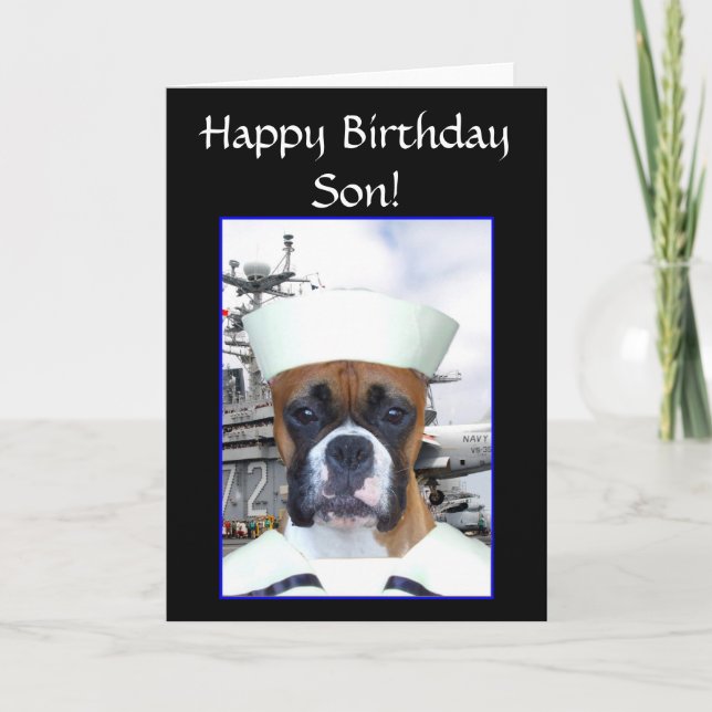 Happy birthday Son Navy Sailor Boxer Dog  card (Front)