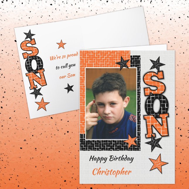 Happy Birthday Son orange and black photo Card (Creator Uploaded)