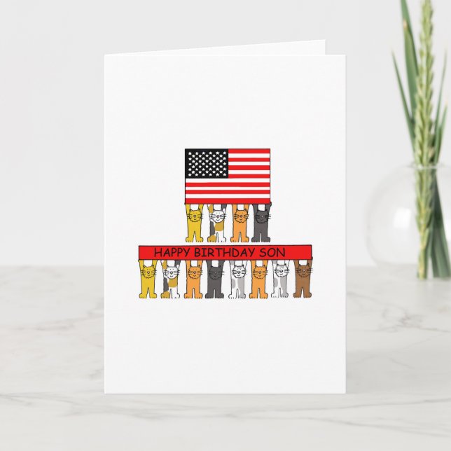 Happy Birthday Son USA Flag and Cartoon Cats Card (Front)