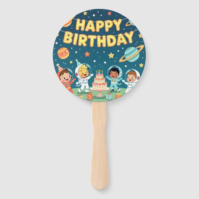 Happy birthday space theme hand fan (Front)