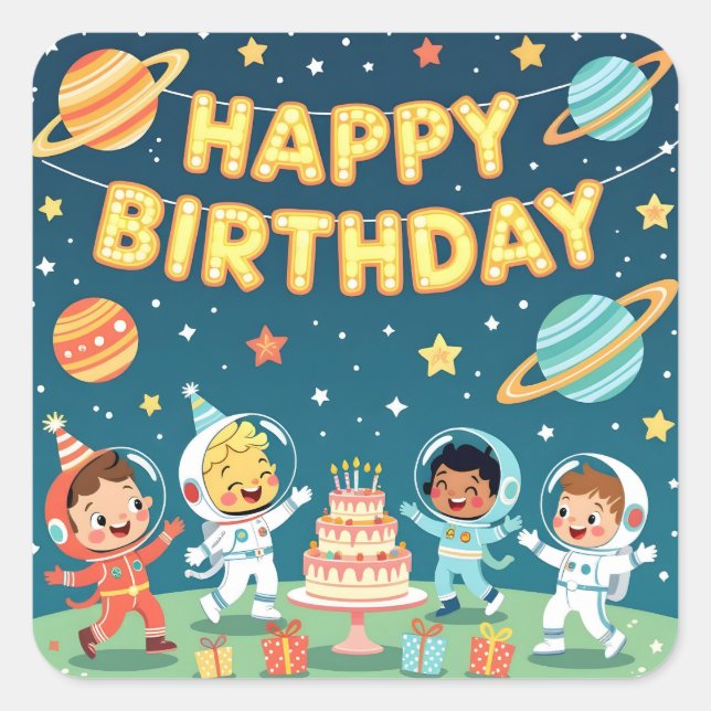 Happy birthday space theme square sticker (Front)