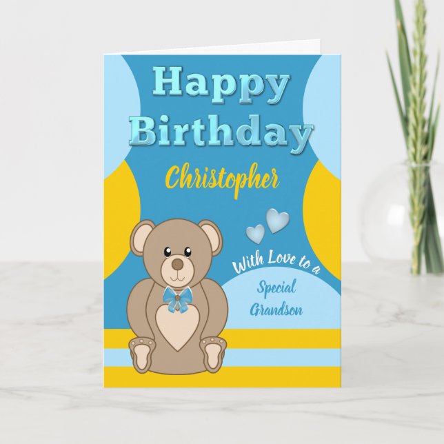 Happy Birthday special Grandson teddy bear blue Card (Front)