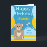 Happy Birthday special Grandson teddy bear blue Card<br><div class="desc">Personalise this Happy Birthday Card for a special Grandson.
Designed in blue,  yellow and brown,  with a cute teddy bear.
Add a name and your message.
Happy Birthday
With Love</div>